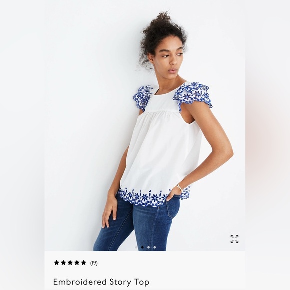 Madewell Women’s Size 4 White Shirt with Blue Embroidery on Sleeve Summer - Picture 1 of 11